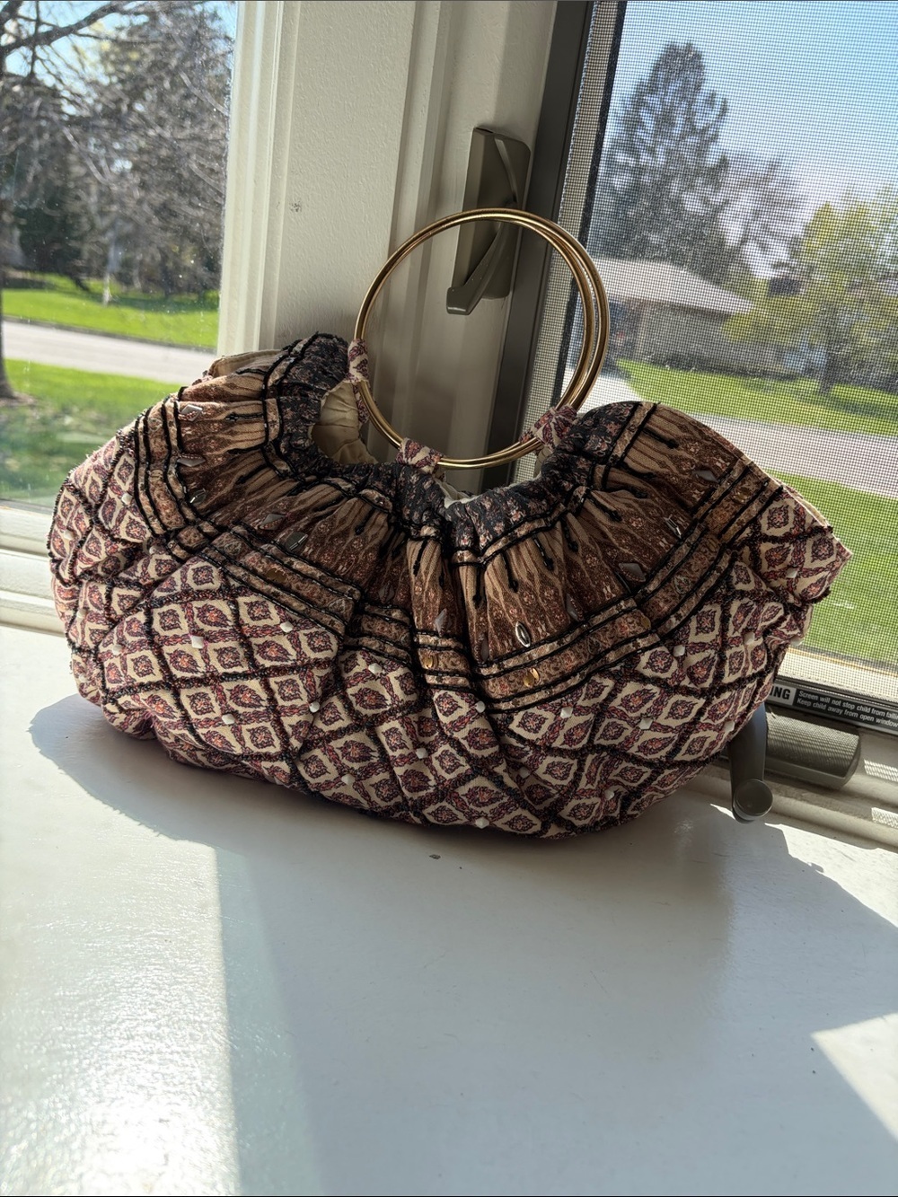 Anthropologie Quilted Ring-Handle Clutch in Brown and Cream— NEW! Never Used!